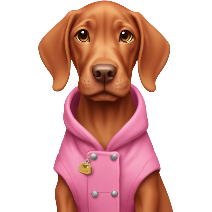 Vizsla puppy smiling wearing a pink coat emoji