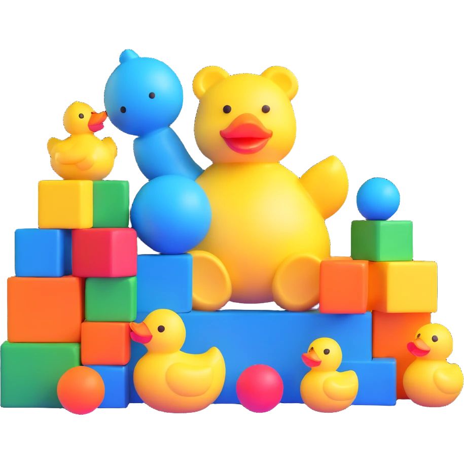 bright playful toys scattered - blue teddy bear, yellow rubber duck, colorful building blocks, rainbow ball, cartoon action figure emoji