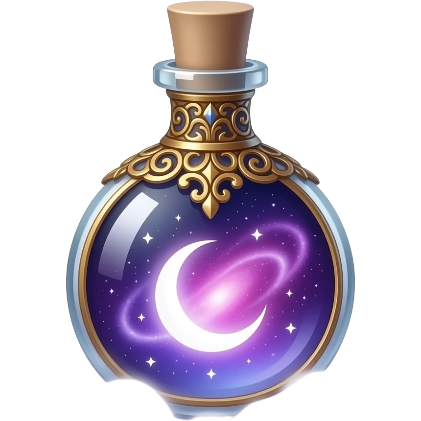 ornate glass vial with metallic filigree, swirling cosmic nebula inside, glowing purple‑pink‑blue light, crescent moon and tiny stars suspended in liquid, resting in soft mist, ethereal magical atmosphere emoji