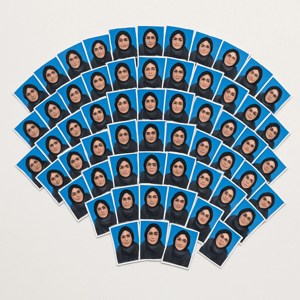 Create a fan-shaped collage with an increased number of passport size photos featuring an adult Pakistani woman in modest attire. Maintain the blue backgrounds behind each photo and place the entire collage on a clean white background. Remove any text from the image. emoji