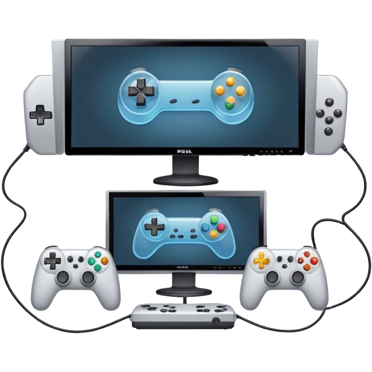 An icon showing two monitors with gaming interfaces, connected by a wire. Each monitor displays a different game screen, with two gamepads placed nearby, symbolizing multiplayer gameplay. transparent background. emoji