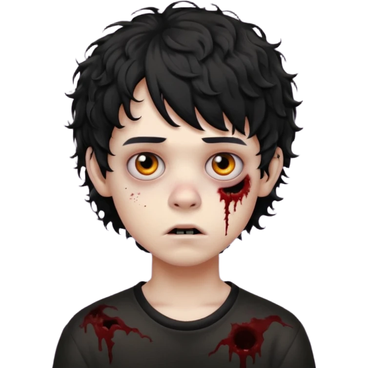 Boy, zombie, black curly wavy hair with bangs, short , round shaped hair, emo, dark, spooky, bored expression emoji