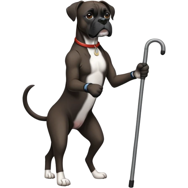 Elderly black boxer dog standing on hind legs using a cane to walk emoji