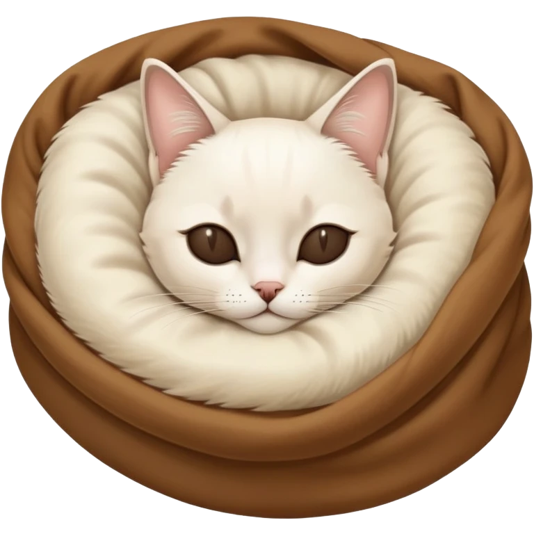 A white Siamese cat sleeps in a brown blanket emoji