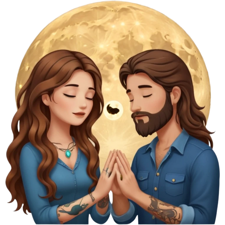 woman with long wavy brown hair tattoos and man with long brown hair beard, foreheads touching, shared glowing moon between hands emoji