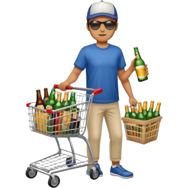 man with a shopping cart full of beers and wines full body emoji