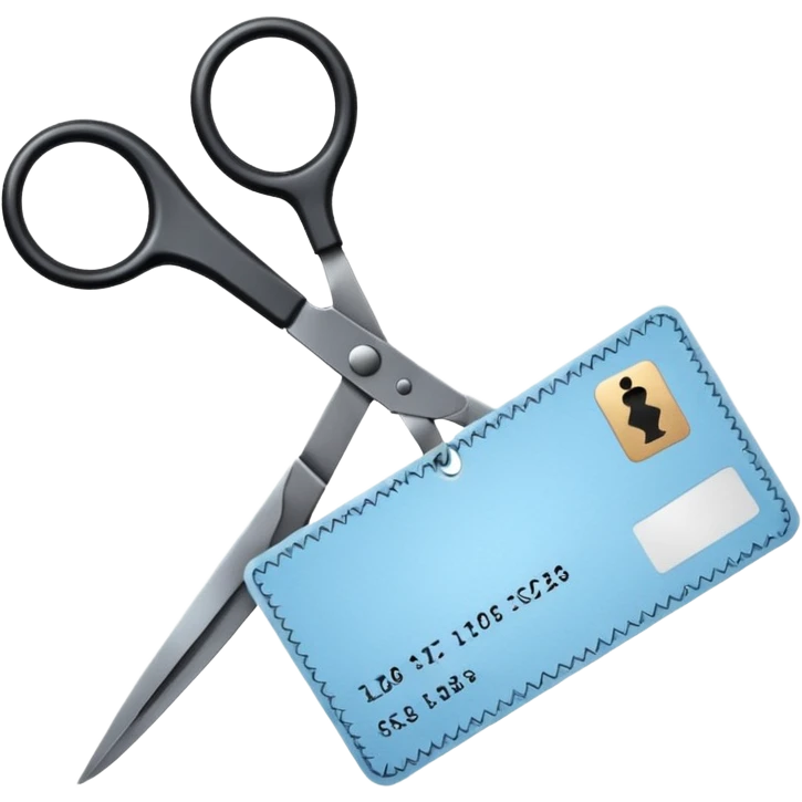 Floating black Scissors cutting a light blue military ID card in 2 parts .hyper realistic emoji