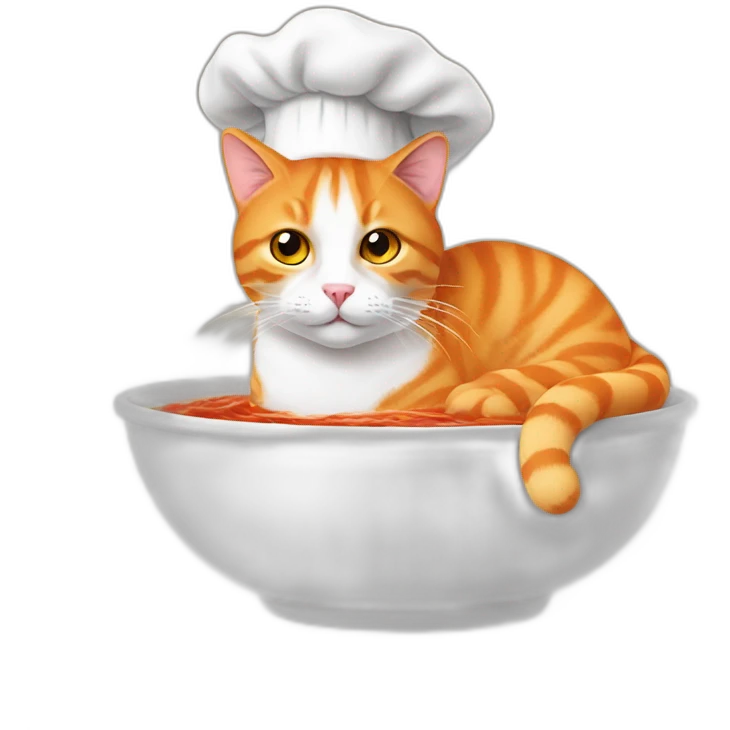 orange and white cat wearing chef hat cooking a bowl of eye stew emoji