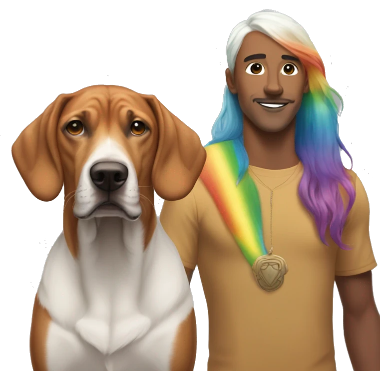 white male with long rainbow colored hair standing alongside a brown rhodesian ridgeback emoji