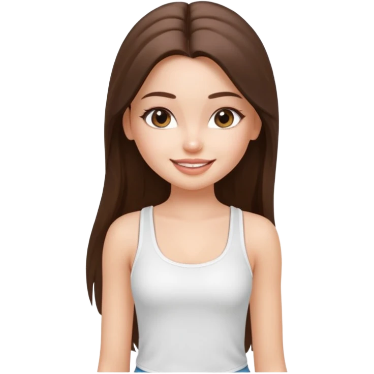 a pretty bratz fair girl with straight brunette long hair, middle partition. wearing a white thin strap trap tank top, smiling, wearing light makeup. very pretty. emoji