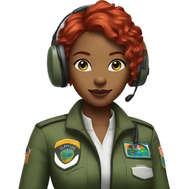 african american woman green eyes air plane pilot with red hair with headset on emoji