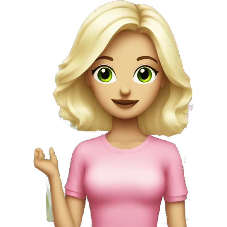 cute platinum blonde with green eyes surrounded by pink shopping bags emoji