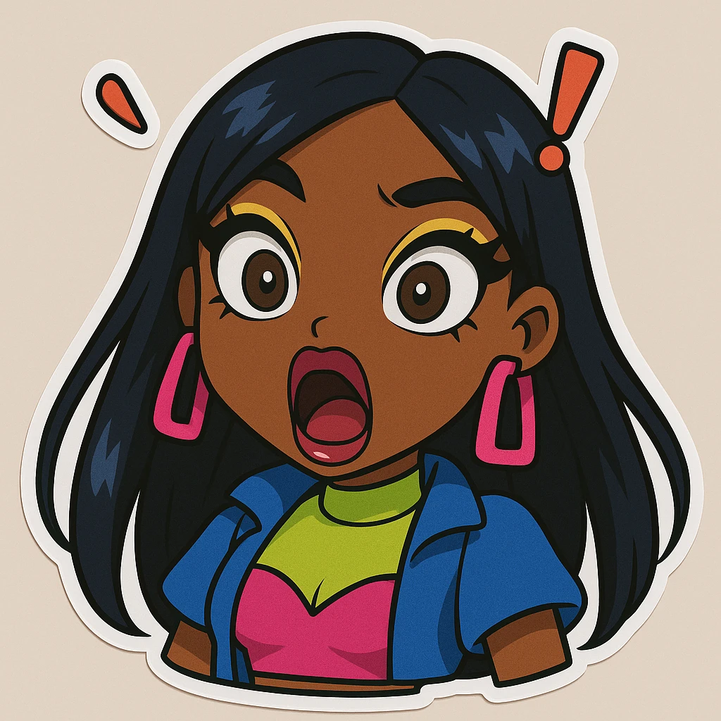 Change her expression to shocked, keep her as a 20-year-old anime Bratz style woman with dark skin, dark hair, bold colorful fashion-forward look, big expressive eyes, and glossy lips. emoji