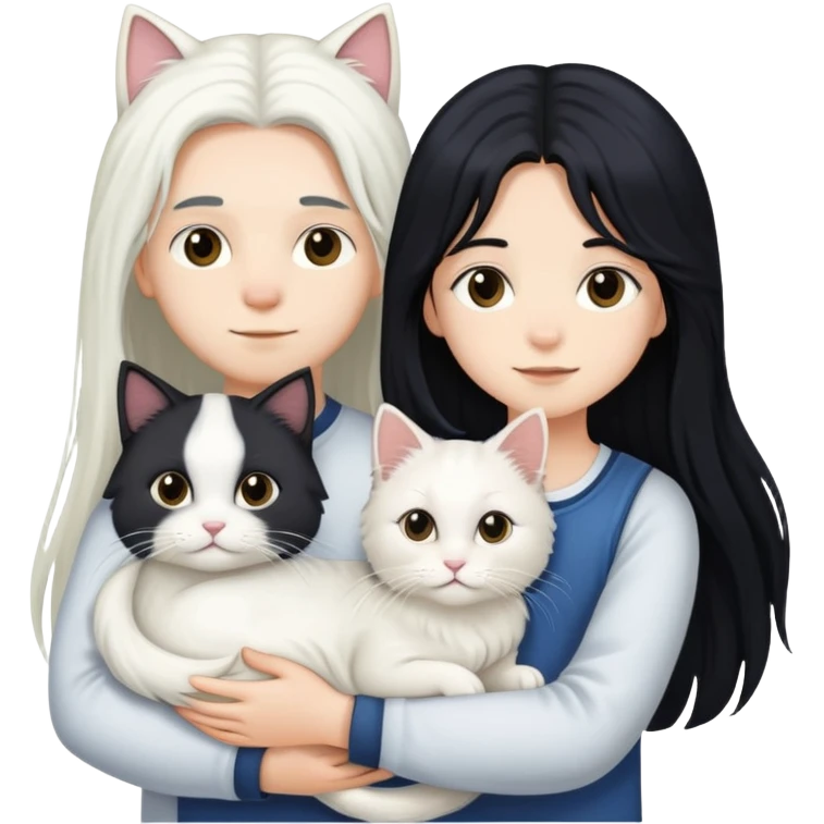 A young boy and a girl with long black hair holding a white long-haired cat emoji
