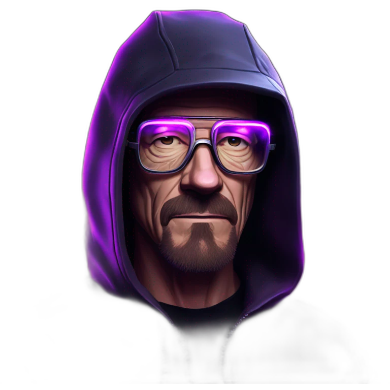Walter White wearing a black hoodie with "OMG" letters on it and VR headset in a cyberpunk VR environment with violet neon lighting. emoji