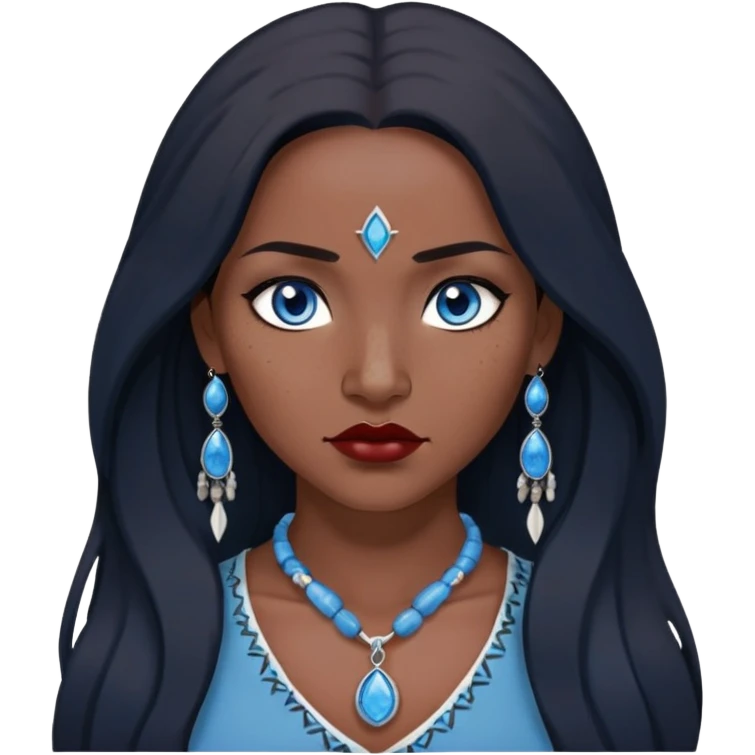 woman katara native american blue eyes dark skin freckles dark black long hair reddish lipstick necklace with sapphire pendant emoji