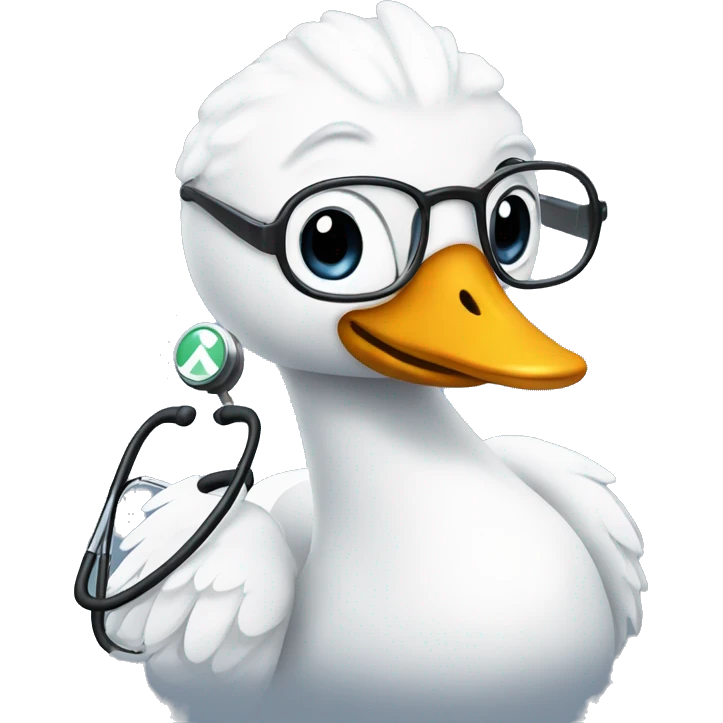 an adult swan with wings dressed as a clinician with glasses and a stethoscope emoji