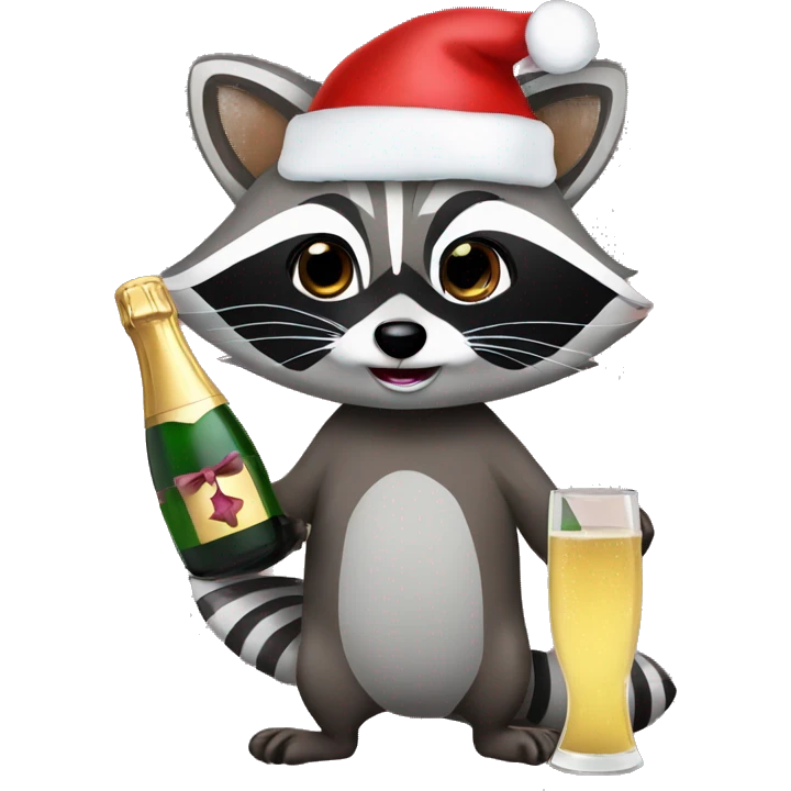 raccoon with christmas hat and bottle of champagne  emoji
