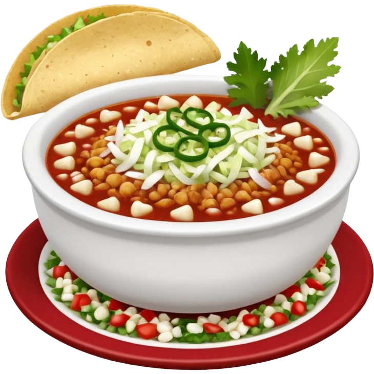 A delicious hot bowl of pozole rojo emoji. Steam rising. Hominy visible. Place the sides next to the bowl: chopped onions, shredded cabbage, lime wedges, red chile de arbol salsa, and full round tostadas emoji