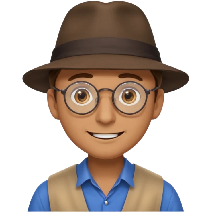 A man with sharp and thin face, brown round glasses, a brown hat and a brown costume with beige chemise (shoulders only), with blue eyes and a large smile on his face and menacing eyes. emoji