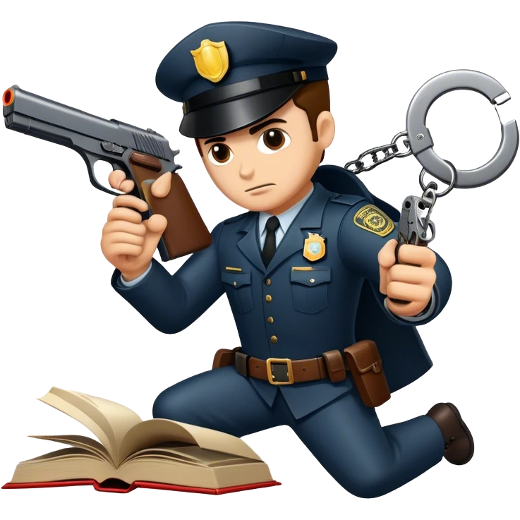 Icon for Action & Crime Reading: an open book with dramatic action scenes, surrounded by a gun, handcuffs, a badge, and a shadowy figure. The icon should evoke suspense, danger, and intrigue of crime and action stories. Transparent background. emoji