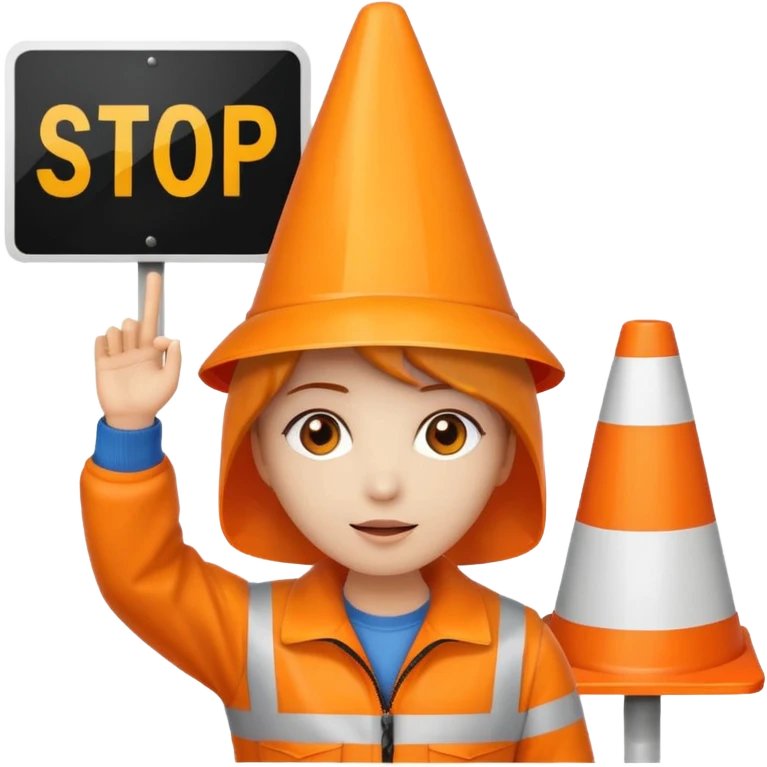 orange traffic cone with three legs dancing with sign in his hand saying “stop ai” emoji