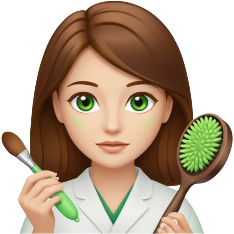 Brown haired, long hair, green eyed aesthetician, holding a facial brush emoji