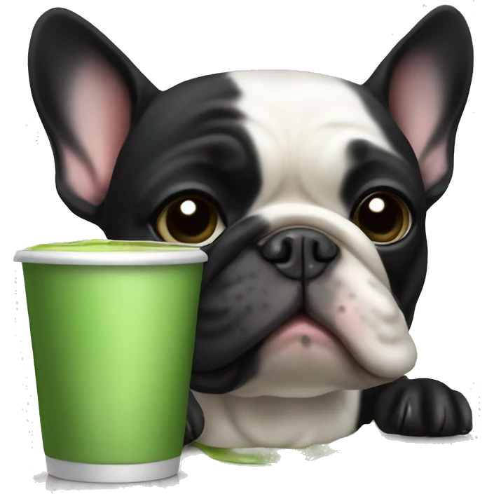 Black French bulldog drinking matcha tea emoji