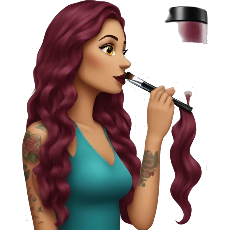 Beautiful tattooed burgundy long haired woman doing her makeup emoji