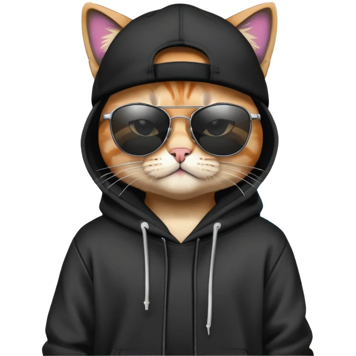 cat wearing a black snapback cap and black hoodie, with black sunglasses positioned low on his nose, looking directly at the viewer over the top of his sunglasses with a cool expression, doing graffiti with spray paint emoji