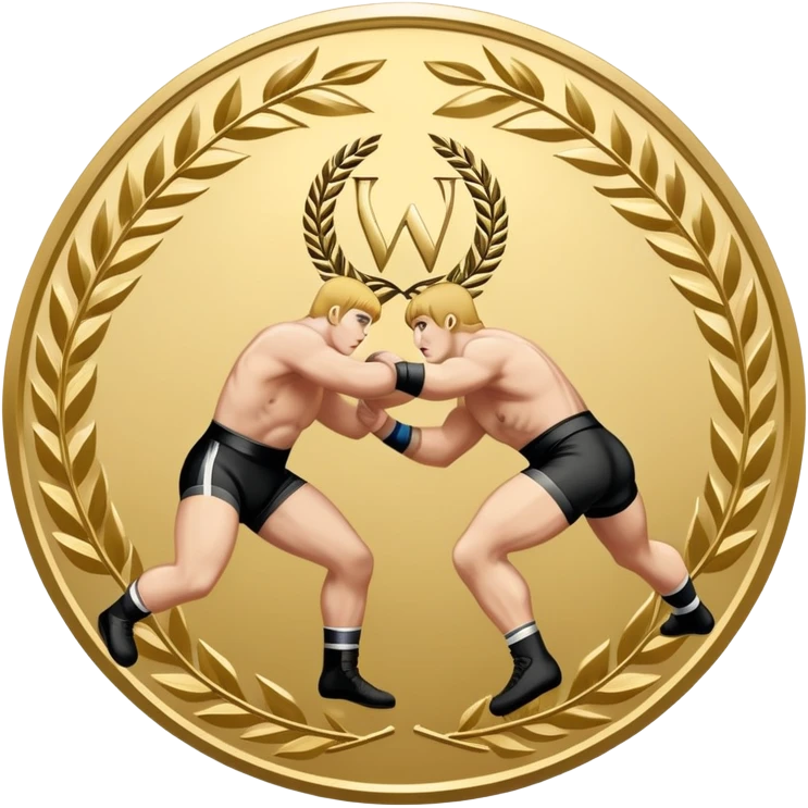 An icon symbolizing wrestling combat sports in the style of an emblem. The design features two wrestlers locked in a powerful grapple, one attempting to take the other down. Surrounding the scene are stylized elements like a championship belt, wrestling mat, and a laurel wreath. Transparent background emoji