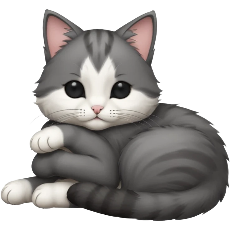 dark grey and white small cat with his eyes closed, leaning his head on his paw while leaning on his elbow lying down emoji