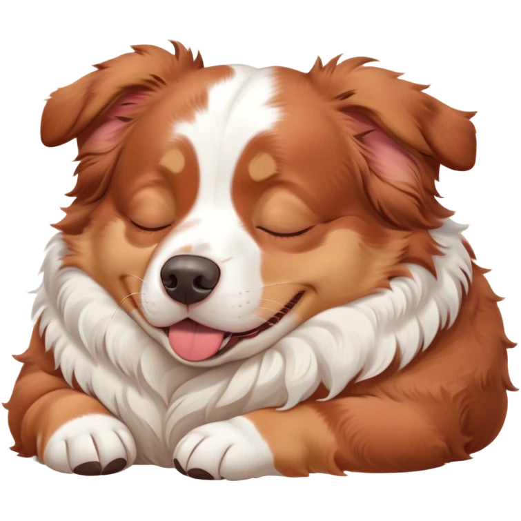 Cinematic Meme-Worthy Chubby Sleeping Red and White Merle Australian Shepherd Portrait Emoji, Head resting peacefully with a contented smile, showcasing a delightfully chubby build and a luxuriously soft red and white merle coat, eyes shut in a serene nap, Simplified yet hilariously adorable features, highly detailed, glowing with a soft, drowsy light, high shine, relaxed and utterly lovable, stylized with an air of playful laziness, bright and heartwarming, soft glowing outline, capturing the essence of a comically sleepy Red and White Merle Australian Shepherd, so meme-worthy it feels like it could instantly become the next viral sensation of adorable slumber! emoji