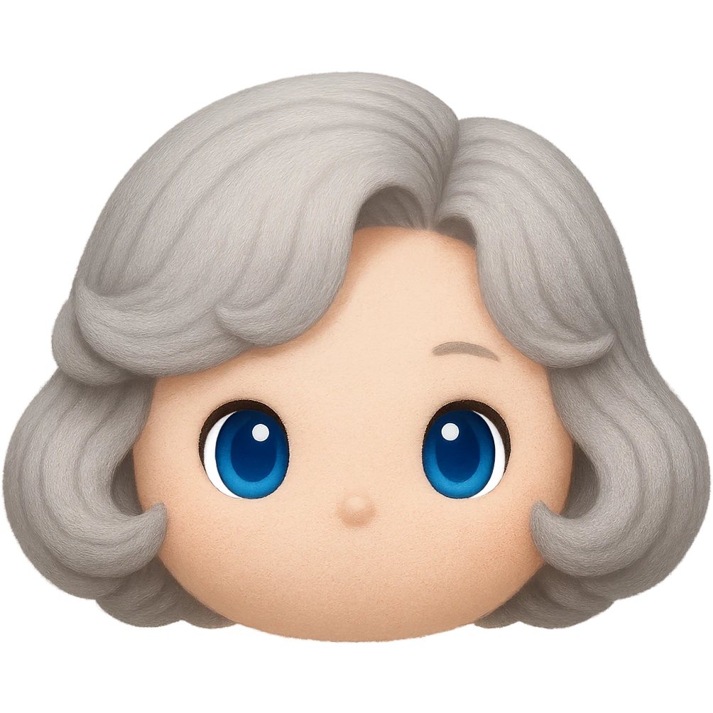 Change hair to pure silver grey with no blue or yellow cast, plush tsum tsum style, blue eyes, 1940s bob haircut, no body, no mouth, no white border, transparent background. emoji
