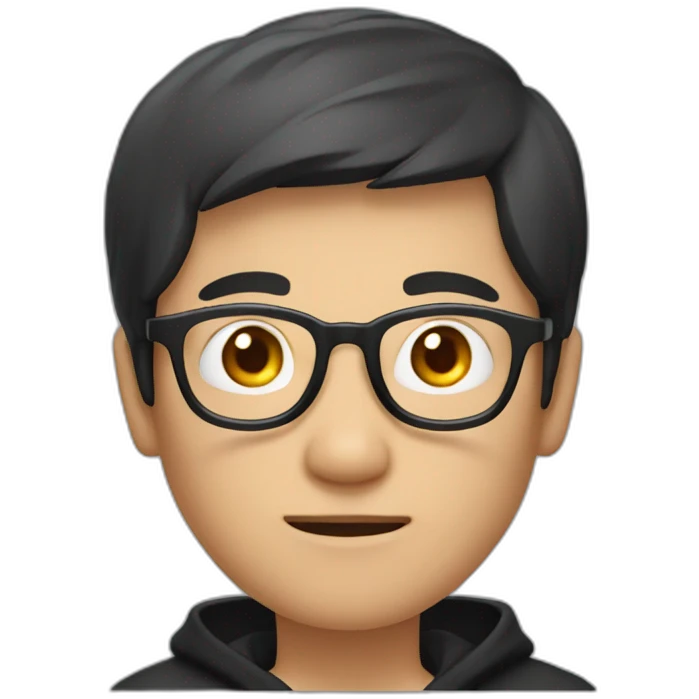 A mature Chinese boy with black hair and circle-shaped eyeglasses wearing black hoodie and ✌️ shaped hands emoji
