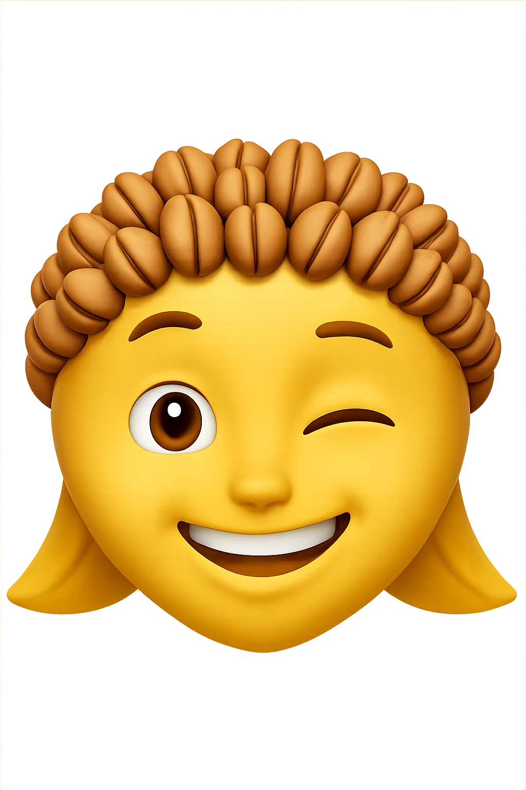 Edit the yellow iMessage-style face emoji to make it wink with one eye, keep the smile and the nuts on its chin as they are. Maintain the original style and colors of the emoji. emoji