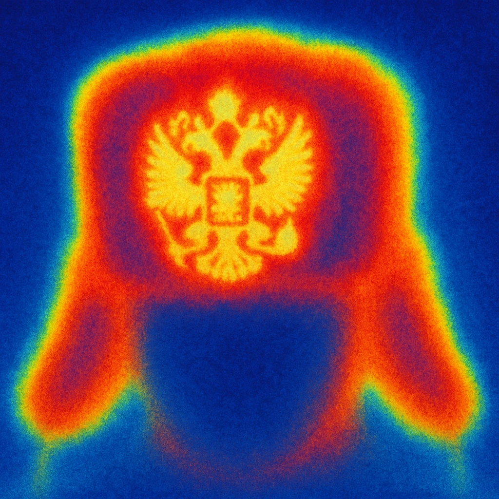 Russian hat ushank with the coat of arms of Russia, with background, thermal camera style emoji