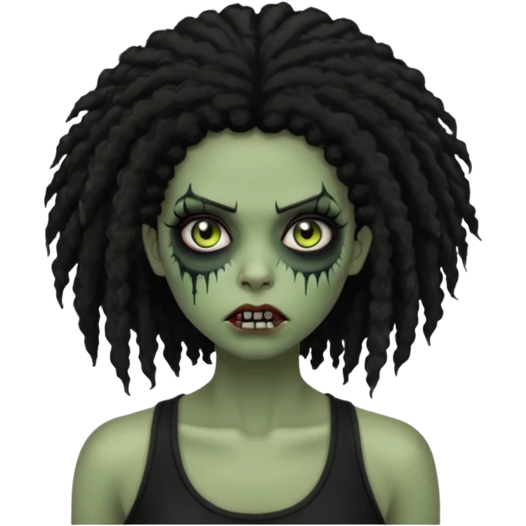 a female zombie with sage green skin, black long afro hair, eyelashes and a black tank top emoji