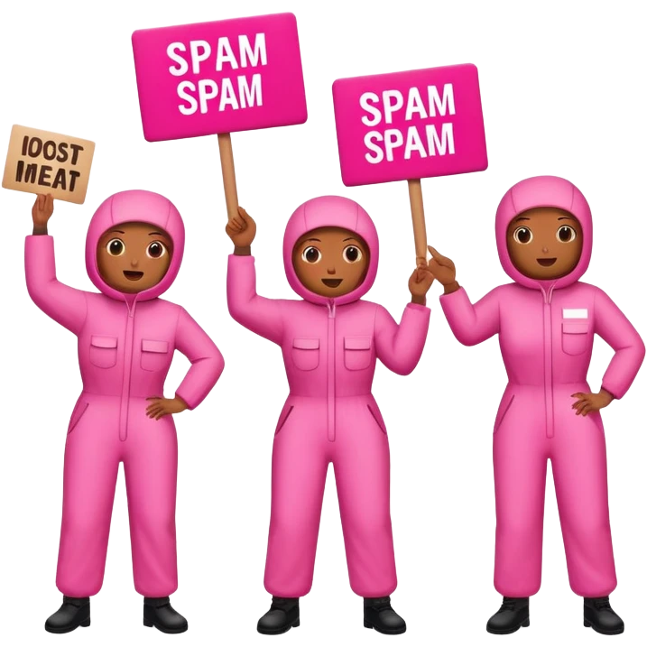artists in pink jumpsuits protesting for spam meat is art emoji