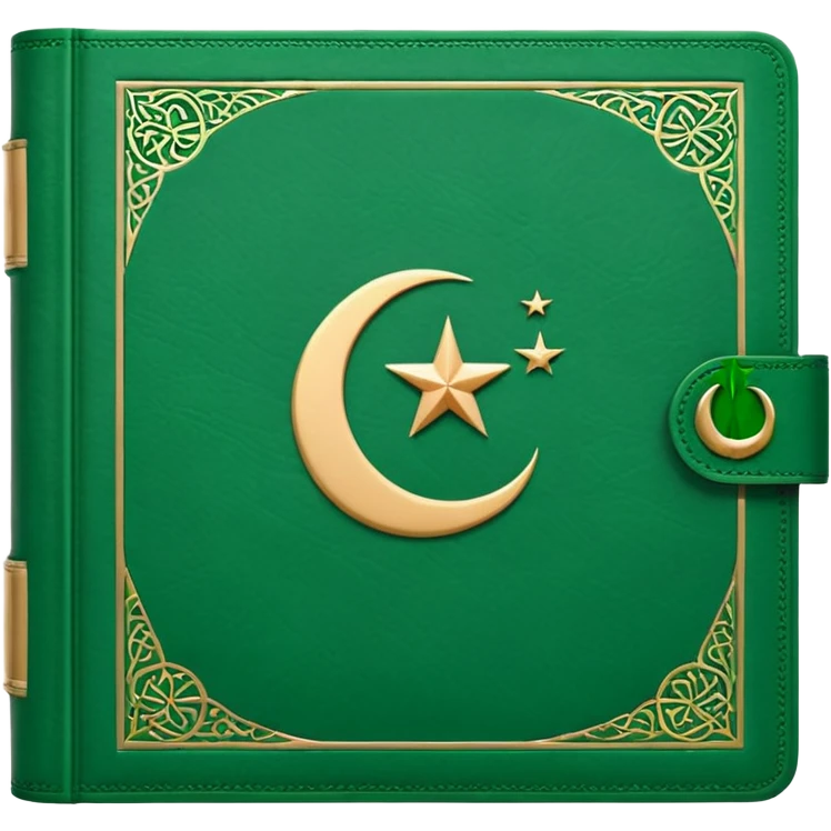 Closed Quran with the Islamic Symbol on it (moon and star) green from left to right emoji