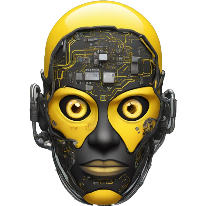 black and yellow cyborg head with circuitry, one artificial eyeball, and yellow goatee emoji