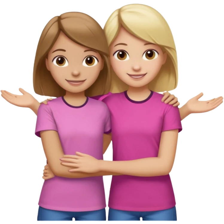 Two Girls with their arms around each other at summer camp one blonde one brown hair brown hair wearing pink shirt emoji