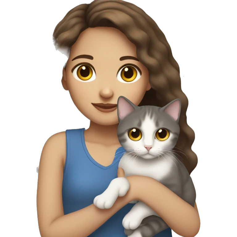 Girl with brown hair and Light skin holding a British blue point cat  emoji