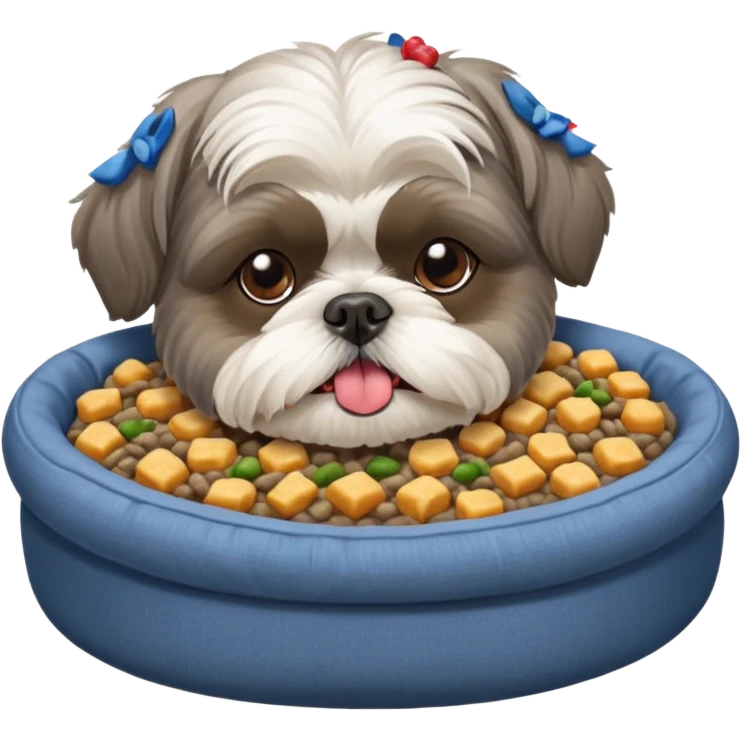 old ALL grey shih tzu in dog bed tongue hanging out bowl of food in front emoji