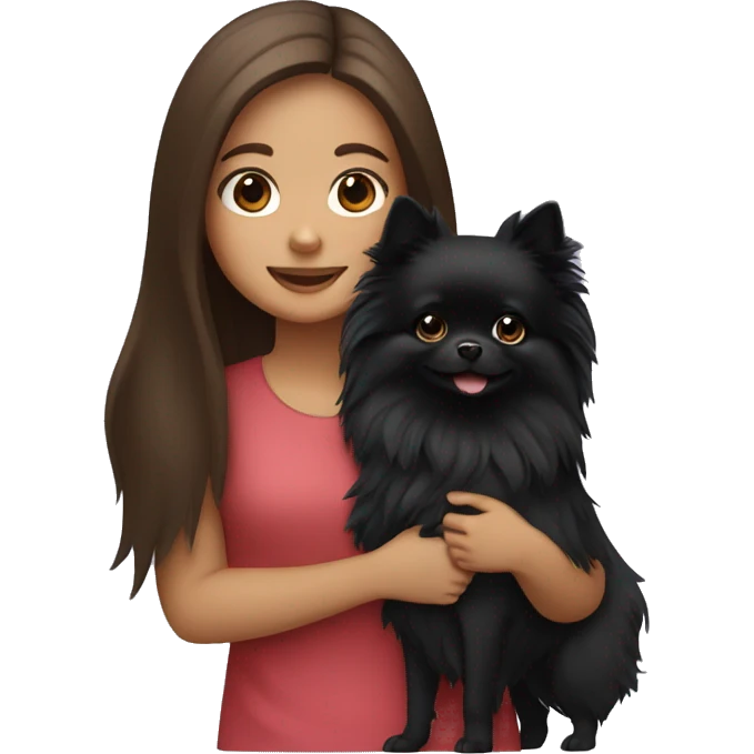 Girl with long brown hair holding a Black Pomeranian dog emoji