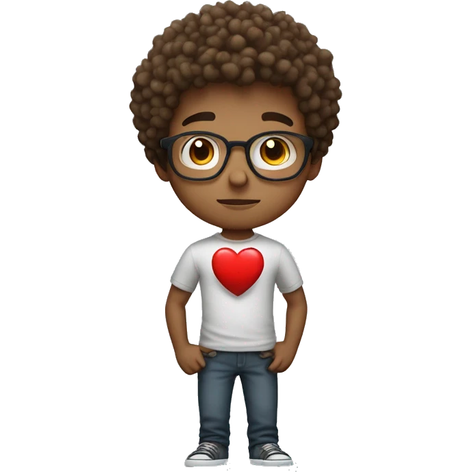 Upper body of a curly boy, with light skin, brown hair, light brown eyes and round gray glasses, holding a very big red heart with difficulty  emoji