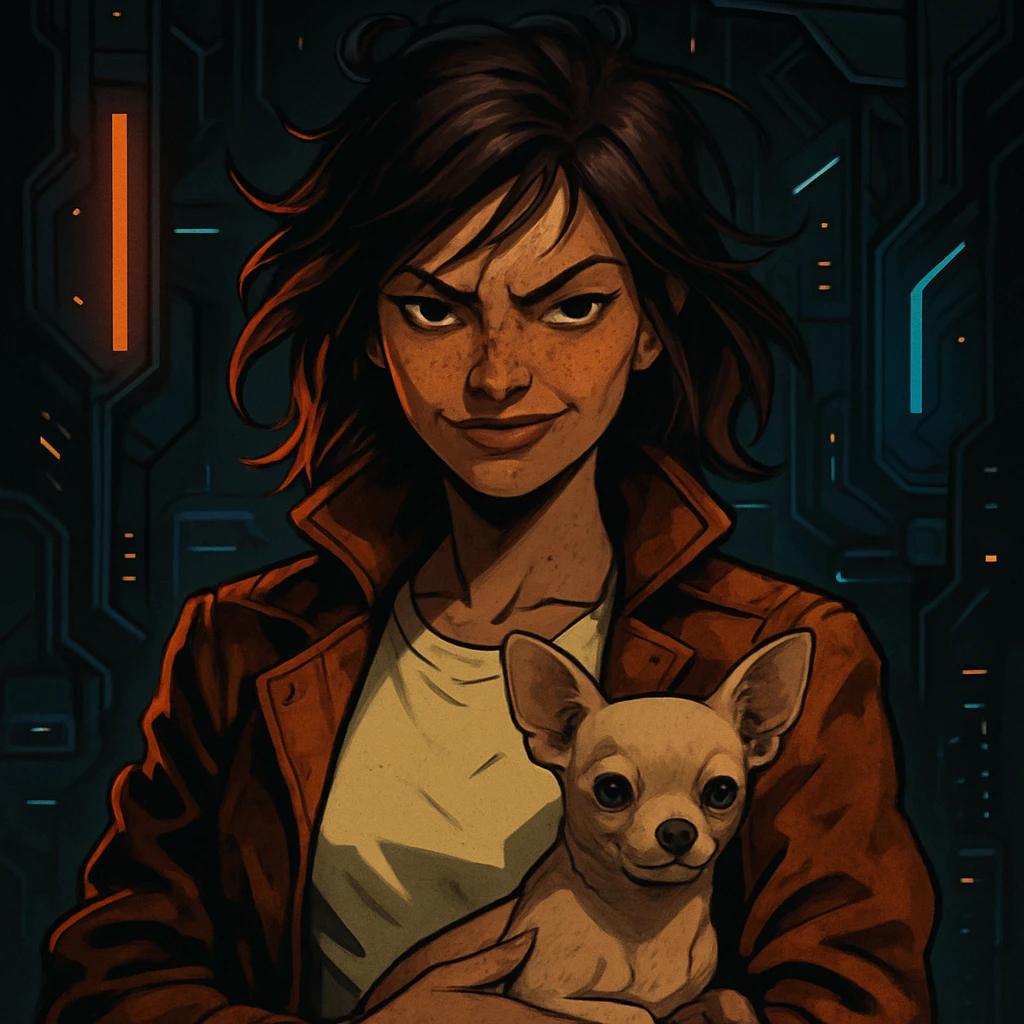 Portrait of a woman with tanned skin and subtle freckles, wearing a shirt in color #FFF8CA and a rust-colored jacket. She has medium-length brown hair with auburn highlights, a rebellious and playful expression. Futuristic style illustration featuring her holding a beige-brown chihuahua. The background is dark with high-tech elements, metallic colors, and neon lights. emoji