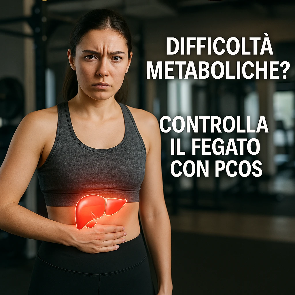 woman in sportswear, hand on liver area, serious expression, liver area highlighted with red light, Italian text: 'Difficoltà metaboliche? Controlla il fegato con PCOS', gym background, 4K quality emoji