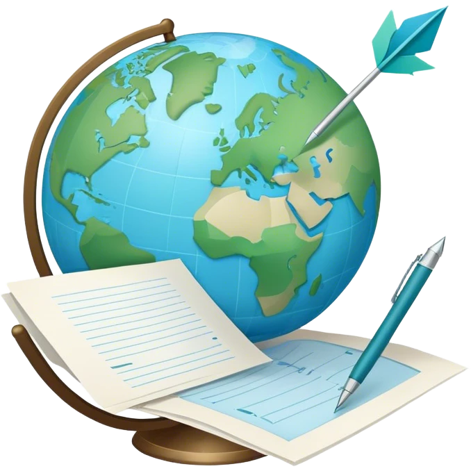 Create an emoji representing language translation. The design should feature a globe in the background, symbolizing international communication. In front of the globe, place two books or sheets of paper with texs on them and a pen nearby to indicate the act of writing. Add two simboloic arrows pointing in opposite directions between the sheets to represent the translation process. Use a clean and professional color palette with blues, greens, and neutral tones. Make the background transparent. emoji