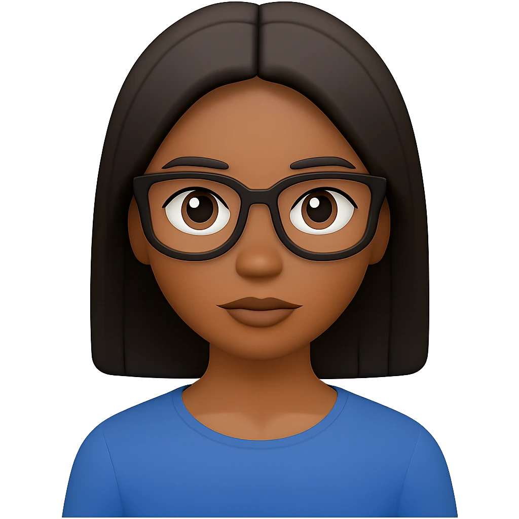 Add glasses to the black woman with straight hair in the emoji style, keeping the background transparent. The original style is emoji, which does not support text editing, so use the general style editor to maintain the emoji look while adding glasses. emoji